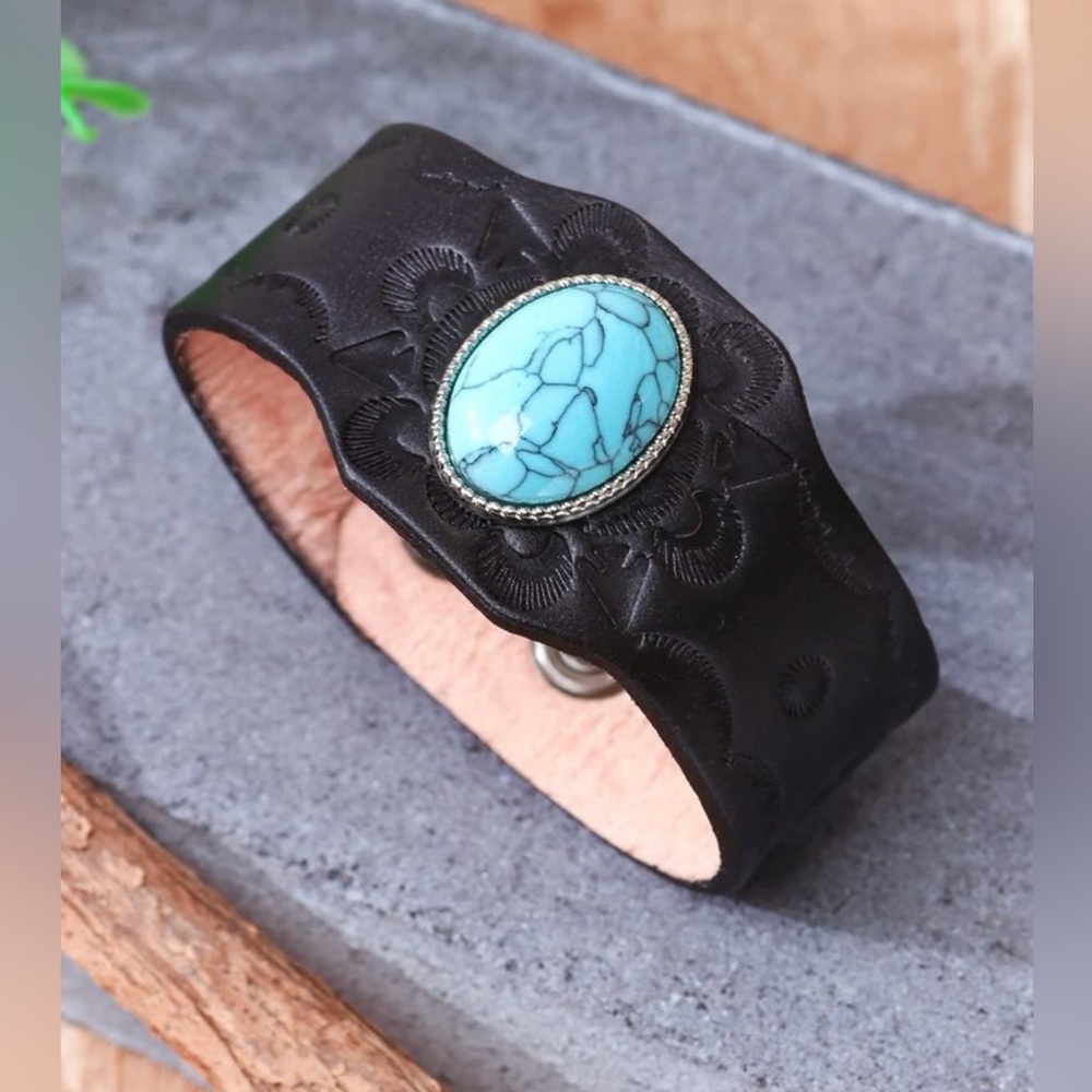 Leather Turquoise stone with black (PU) leather bracelet